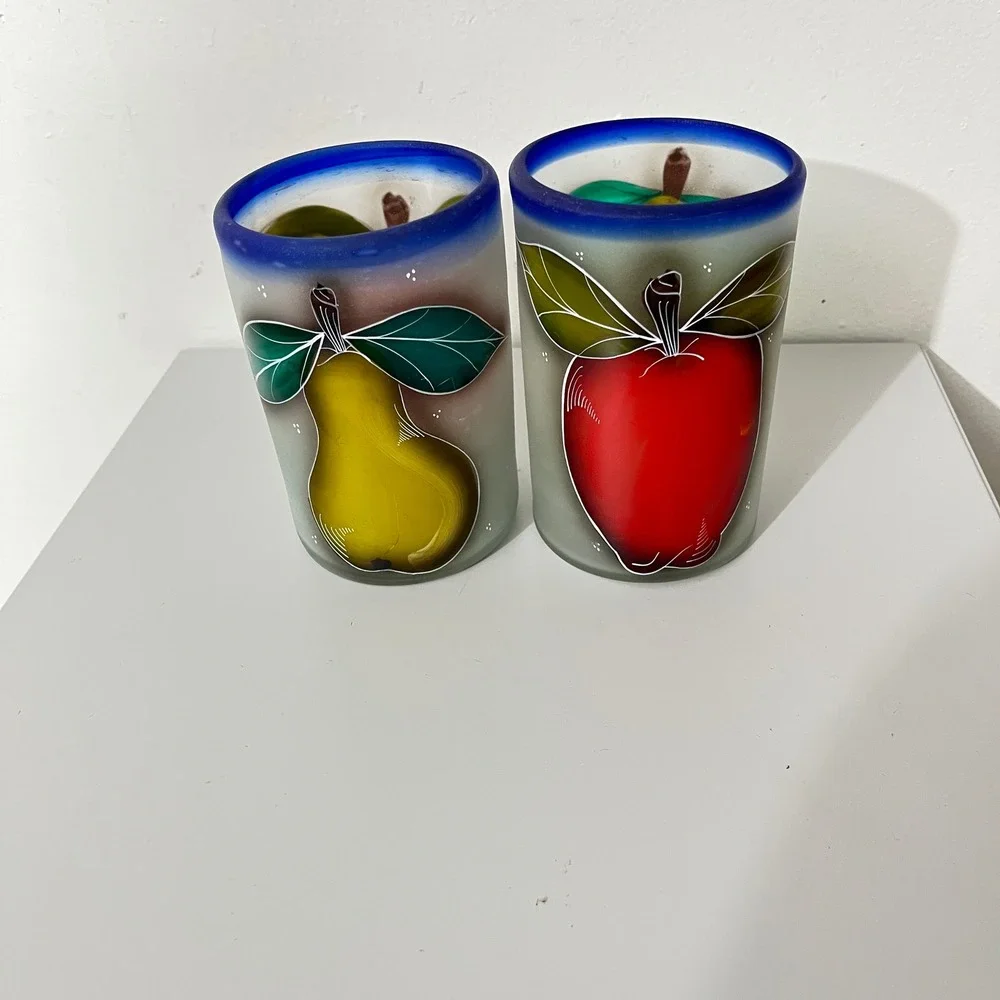 Vintage Mexican  Frosted Glass Tumblers  Multicolor Vintage Fruit Set of 2